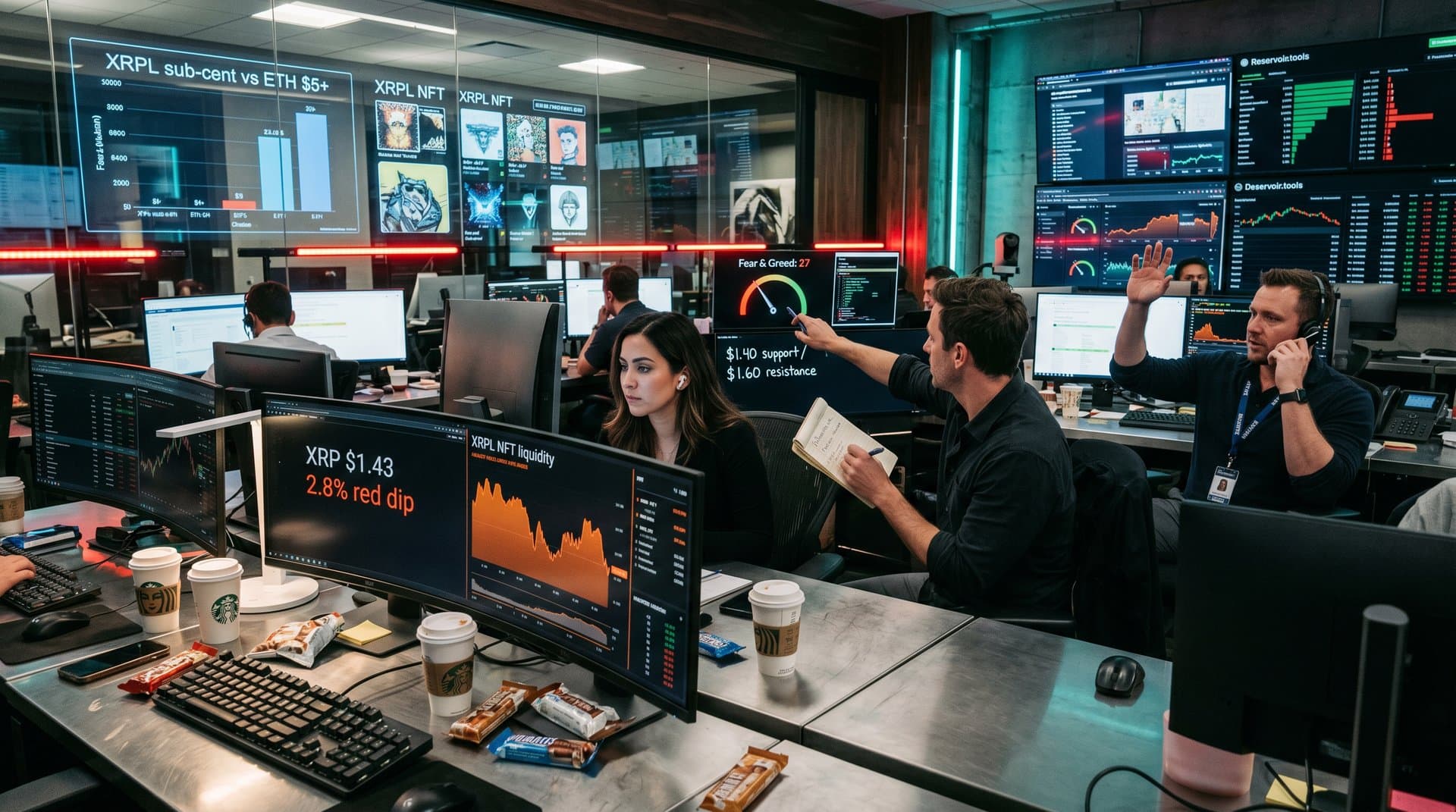 Crypto trading screens show XRP at $1.43 down 2.8% with XRPL NFT flows and Fear & Greed at 27 on modern fintech desk