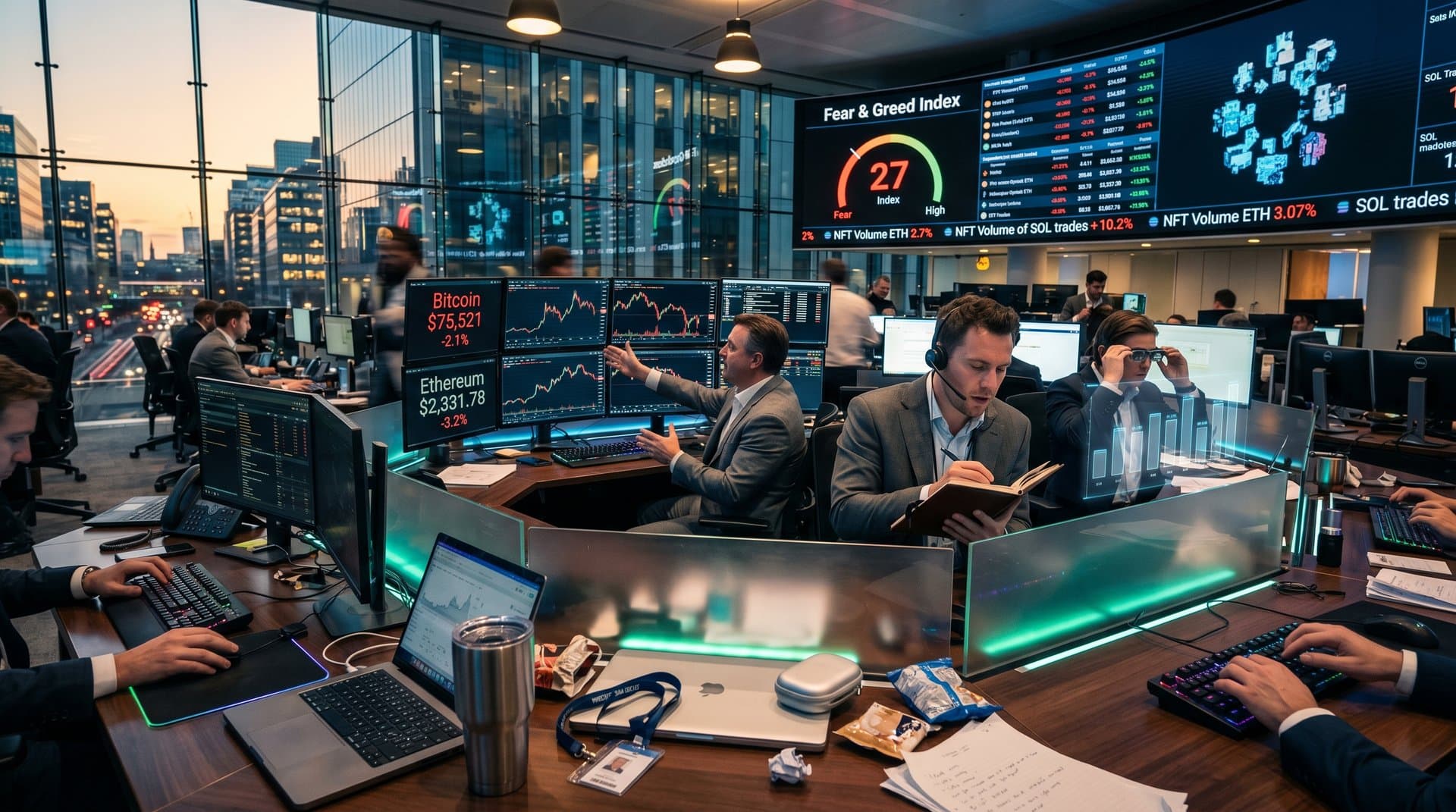 Crypto traders monitor charts on trading floor amid market fear signals