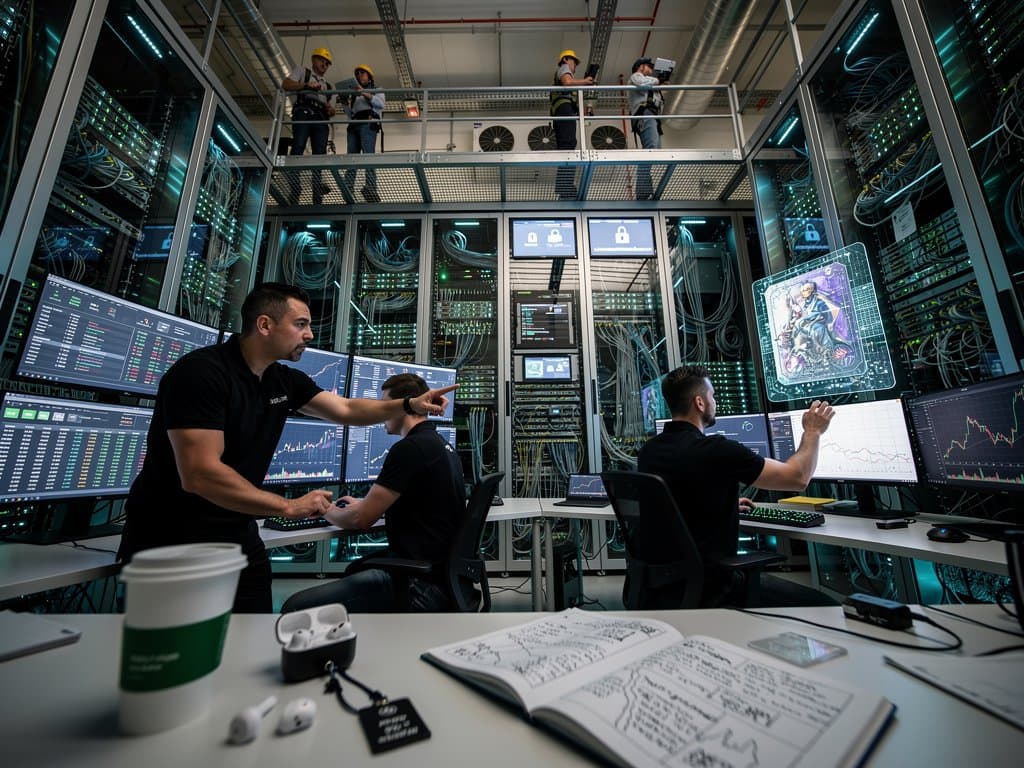 Engineers monitor crypto and NFT trading data in secure data center with server racks and multi-screen setups