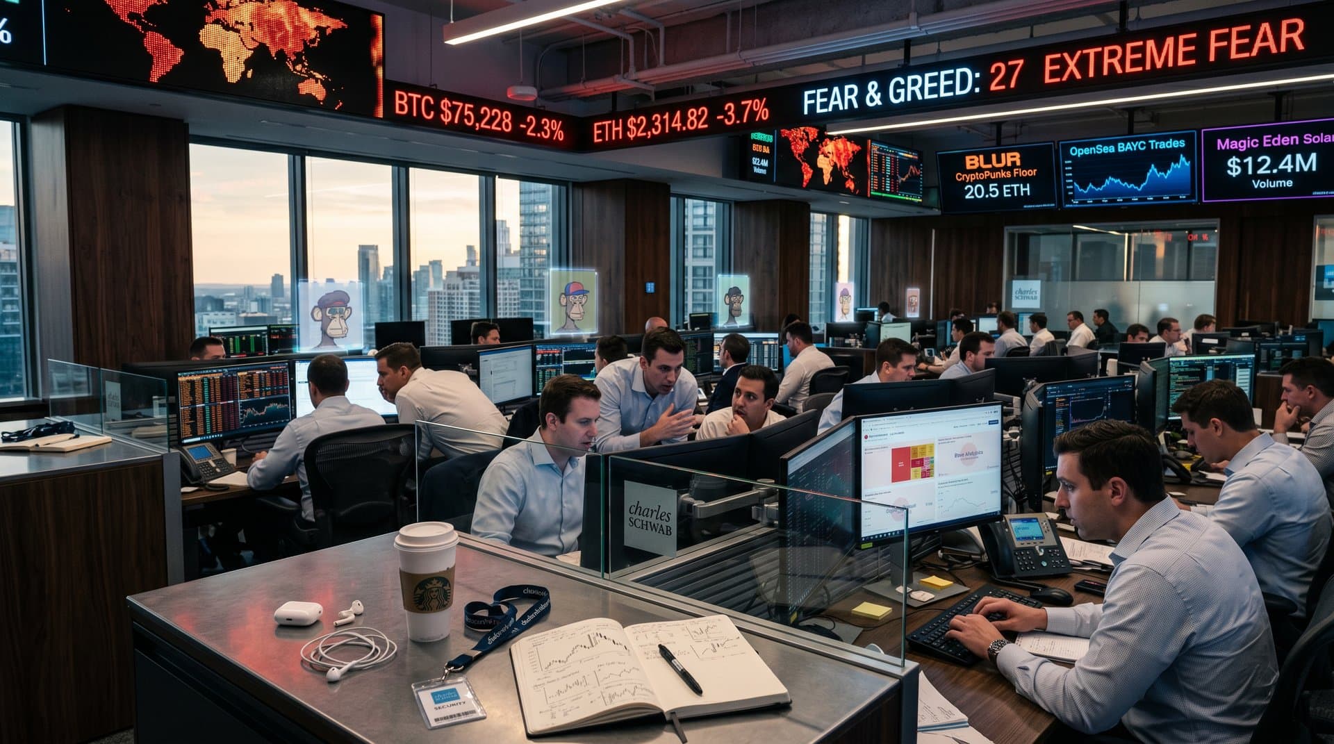 Traders at Schwab floor analyze crypto charts and NFT data on multi-monitors amid red market ticks and Bloomberg terminals