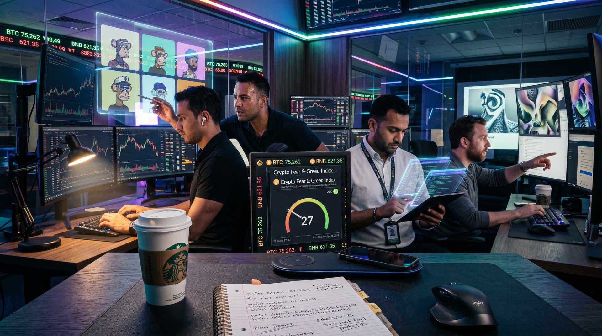 Holographic NFTs and charts on trading desk showing Binance NFT data, Fear & Greed 27, BTC $75,262 in neon cyberpunk style