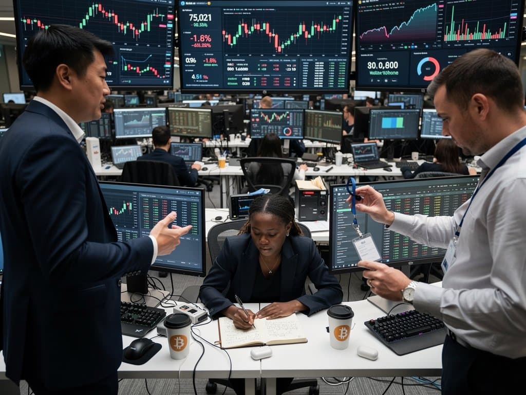 Fintech trading floor screens showing Bitcoin Price Prediction charts at $75K dip, NFT volumes on Blur/OpenSea, low ETH gas fees, Fear & Greed at 27