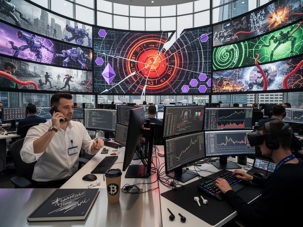 Cyberpunk fusion of NFT blockchain grids, AI neural threats, Fear & Greed at 27, Ethereum Solana elements