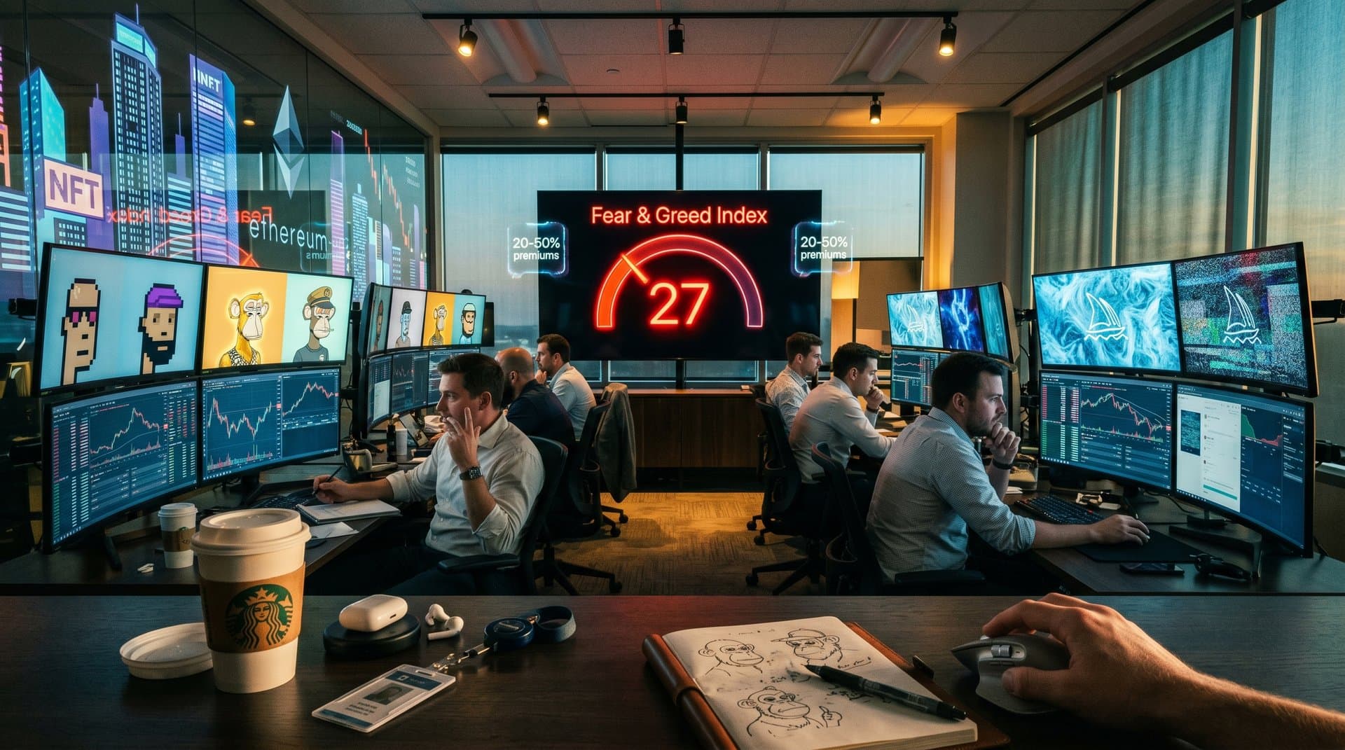 Digital collage of human NFTs like CryptoPunks and Apes versus AI patterns on Ethereum blockchain with Fear gauge