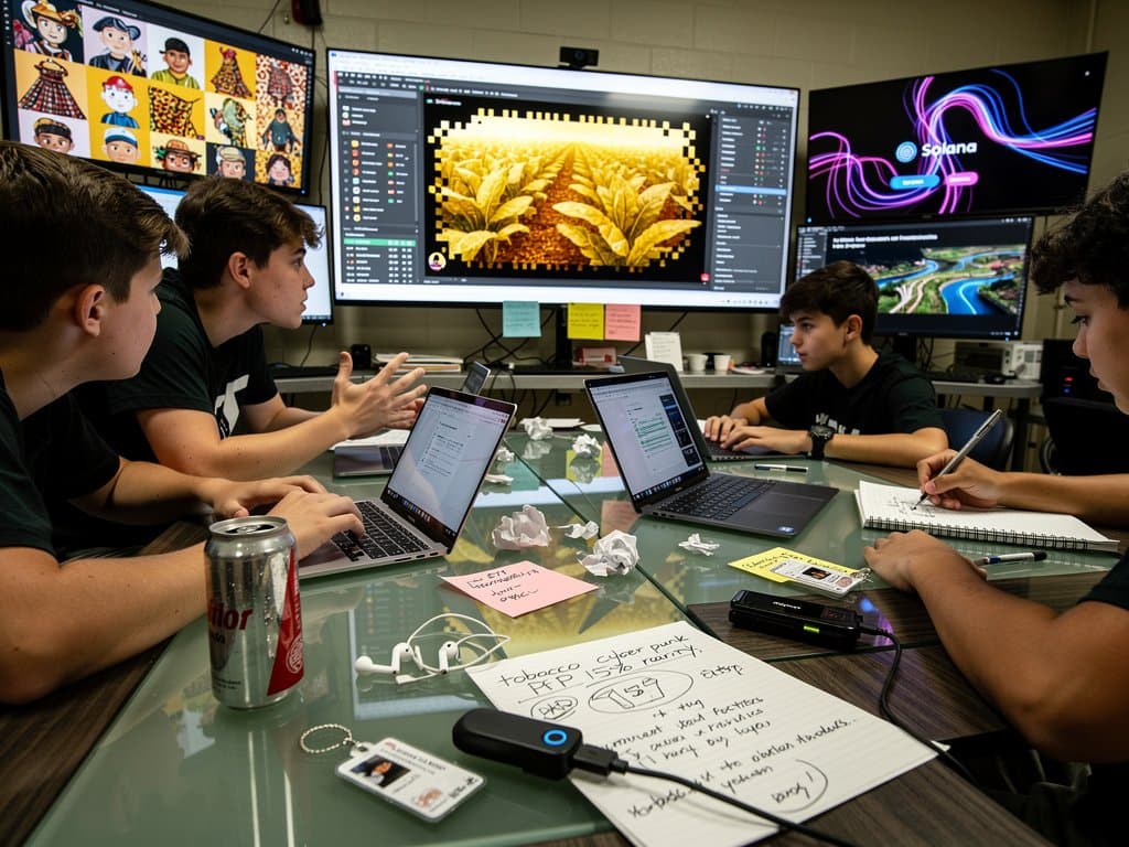 Rocky Mount students generate AI NFTs on screens with Base Solana blockchain data, BTC charts at $75K, Fear & Greed 27, and local art motifs
