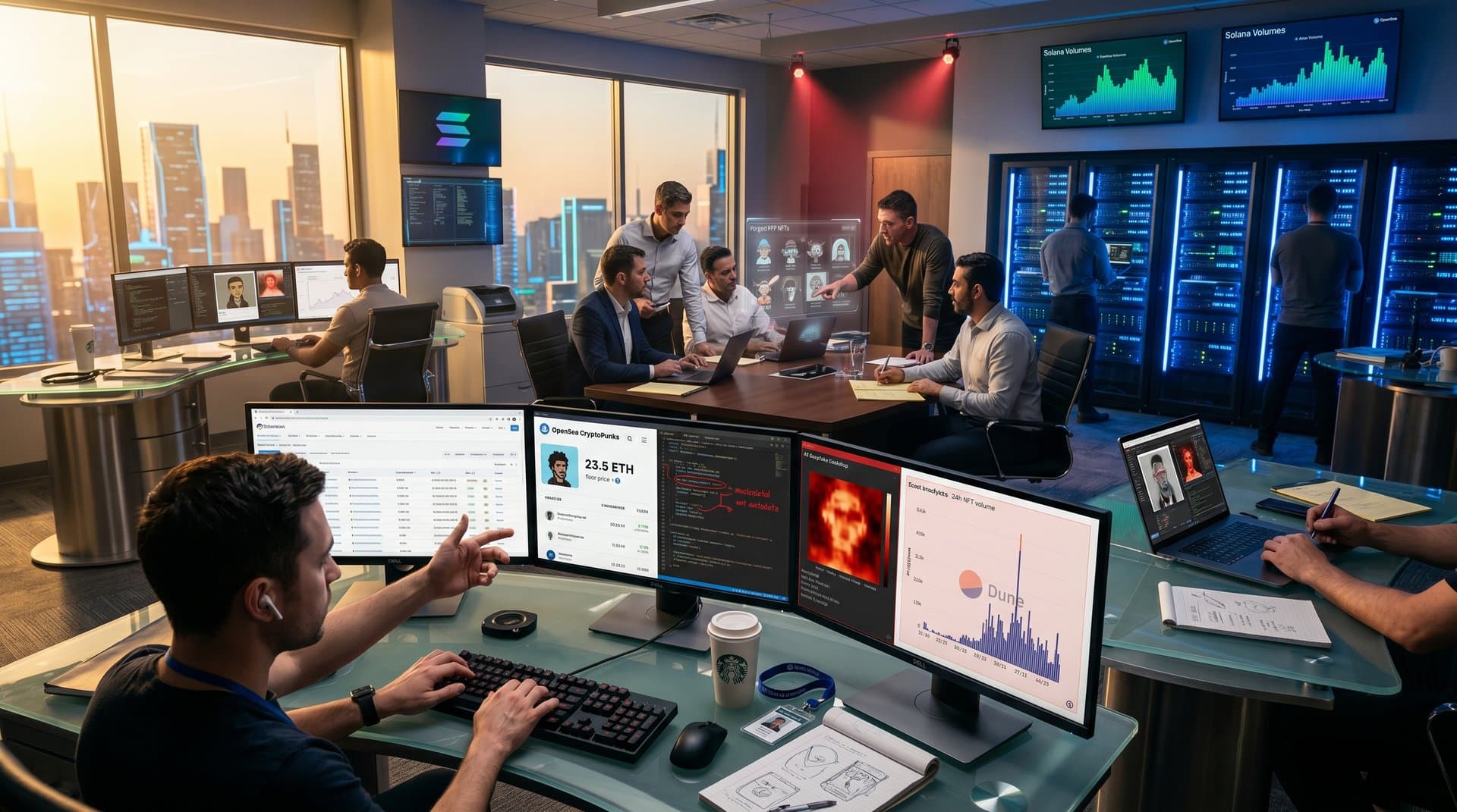 Analysts monitor AI NFT authenticity and deepfake threats on multi-monitor setups with blockchain charts and provenance dashboards