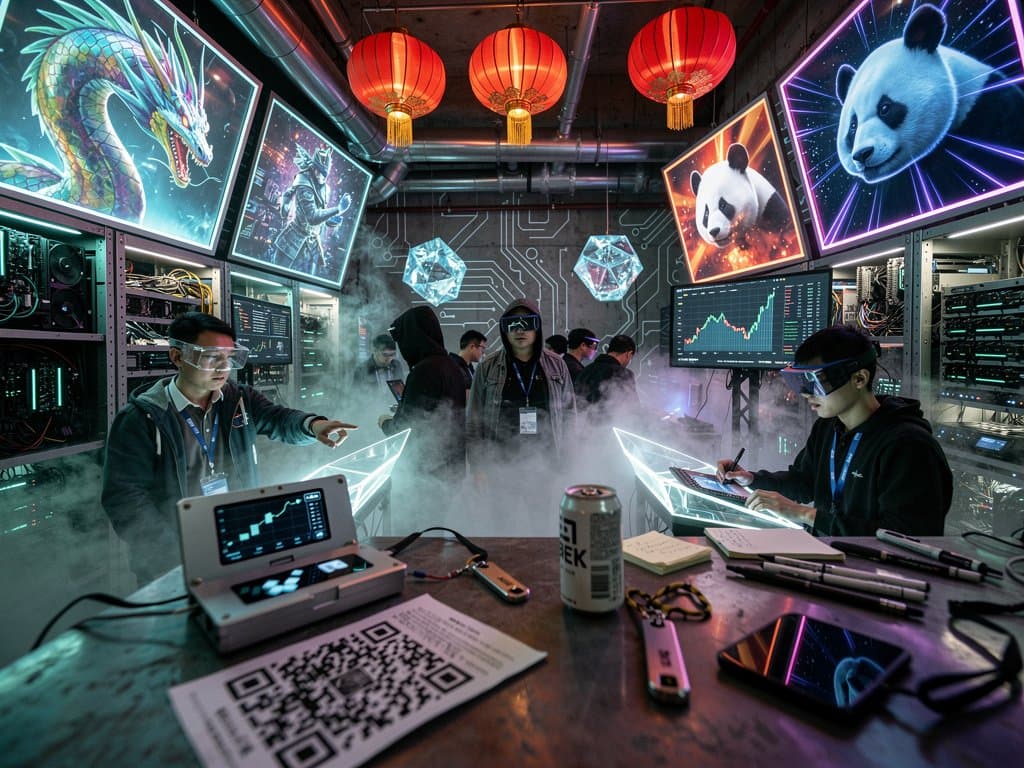 Cyberpunk Shanghai basement with holographic AI NFTs, blockchain nodes, minting screens, neon lights, and underground trading vibe
