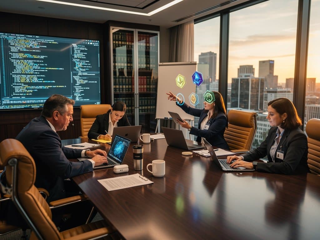 Modern law firm conference room with laptops showing NFT blockchain and AI visuals, Little Rock skyline view