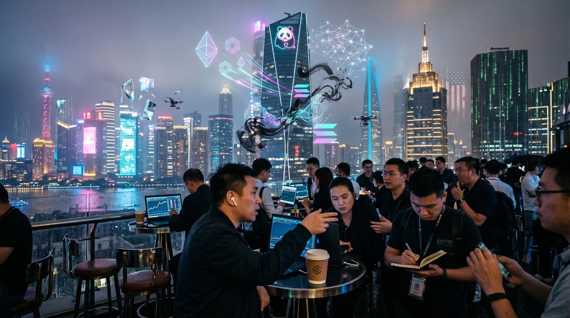 Cyberpunk AI-generated panda NFT art with Ethereum and Solana blockchain elements in neon Shanghai style