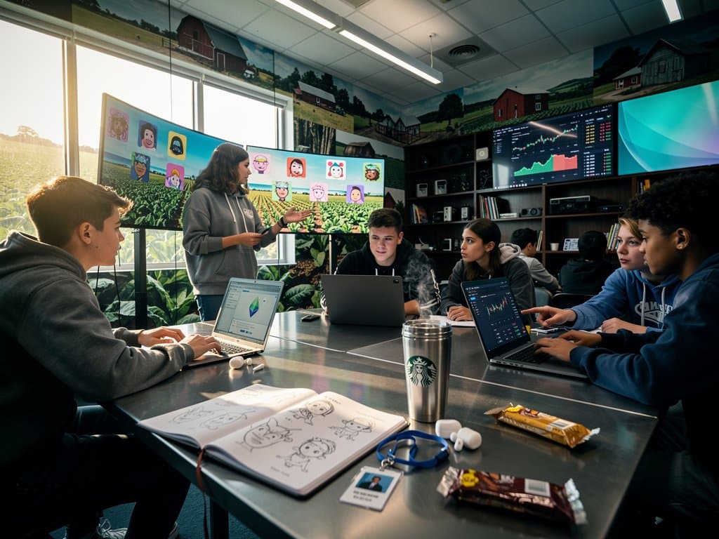 Students collaborate in Rocky Mount classroom on AI-generated NFT art, Ethereum charts, and Web3 tools amid local NC-themed visuals