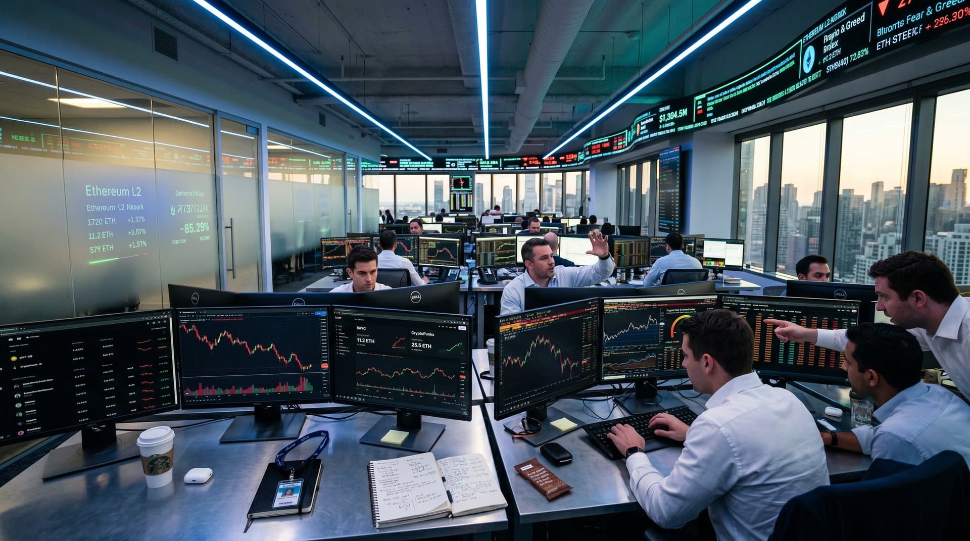 Traders monitor ETH at $2,300 charts and NFT floors on multi-screens amid market dip
