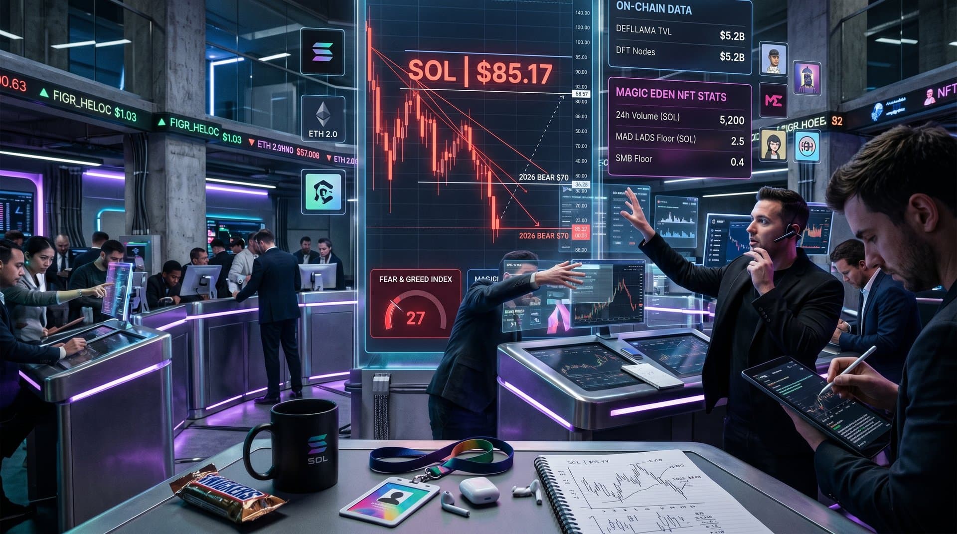 Holographic screens show SOL $85.17 charts, Fear & Greed 27, and Solana NFT DeFi metrics in cyberpunk style
