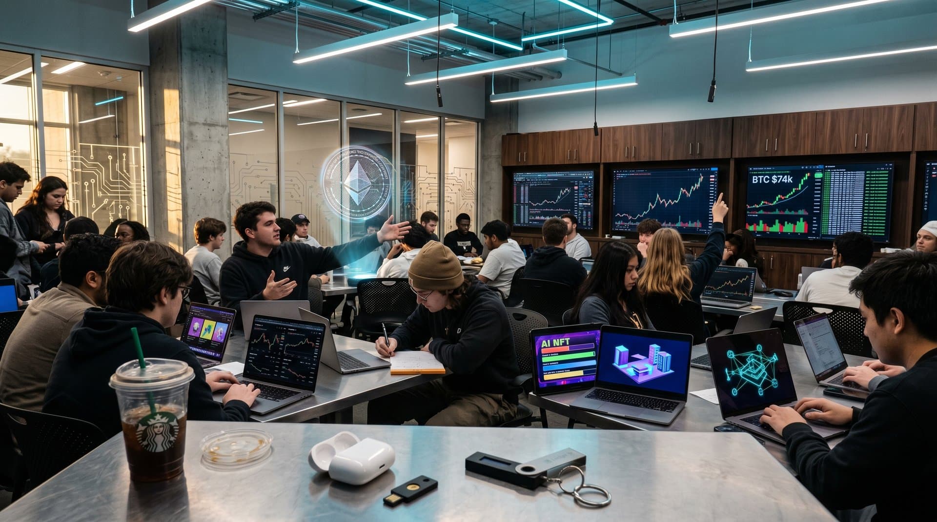 Classroom scene with AI-generated NFT art on screens, Ethereum blockchain visuals, Web3 charts, and innovation in Rocky Mount