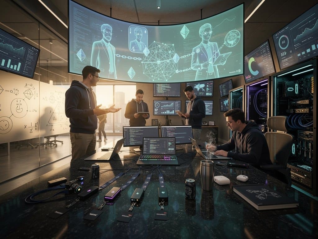 Web3 lab team analyzes NFT physician avatars and blockchain security on holographic displays amid crypto market charts