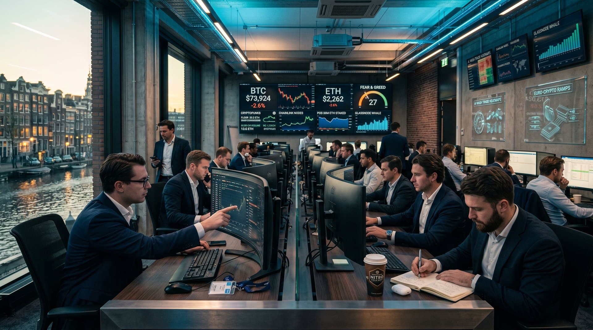 Trading screens show Ethereum NFT floors, BTC prices, and MiCA charts in modern bank office