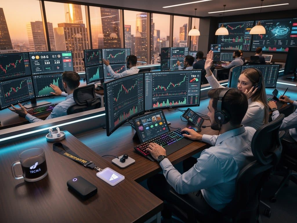 Traders monitoring TRX, BTC charts and Tron NFT volumes on multi-monitor trading floor