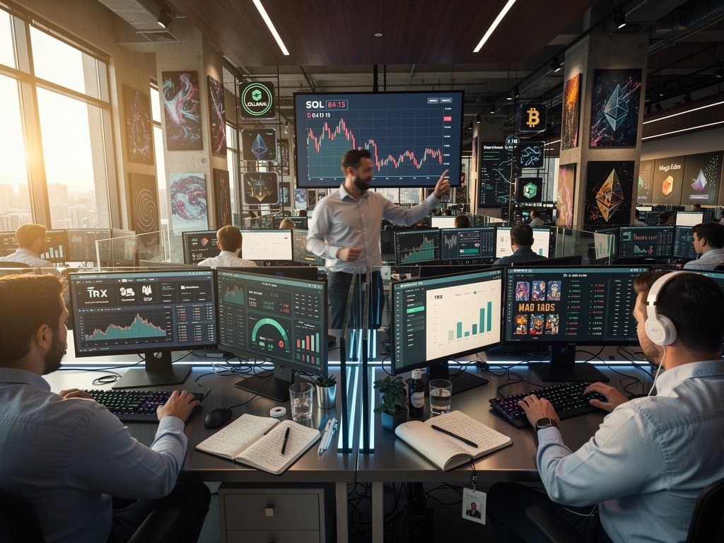 Crypto traders monitoring Solana at $84.13 dip, NFT yields, and high-yield token charts on modern trading desks