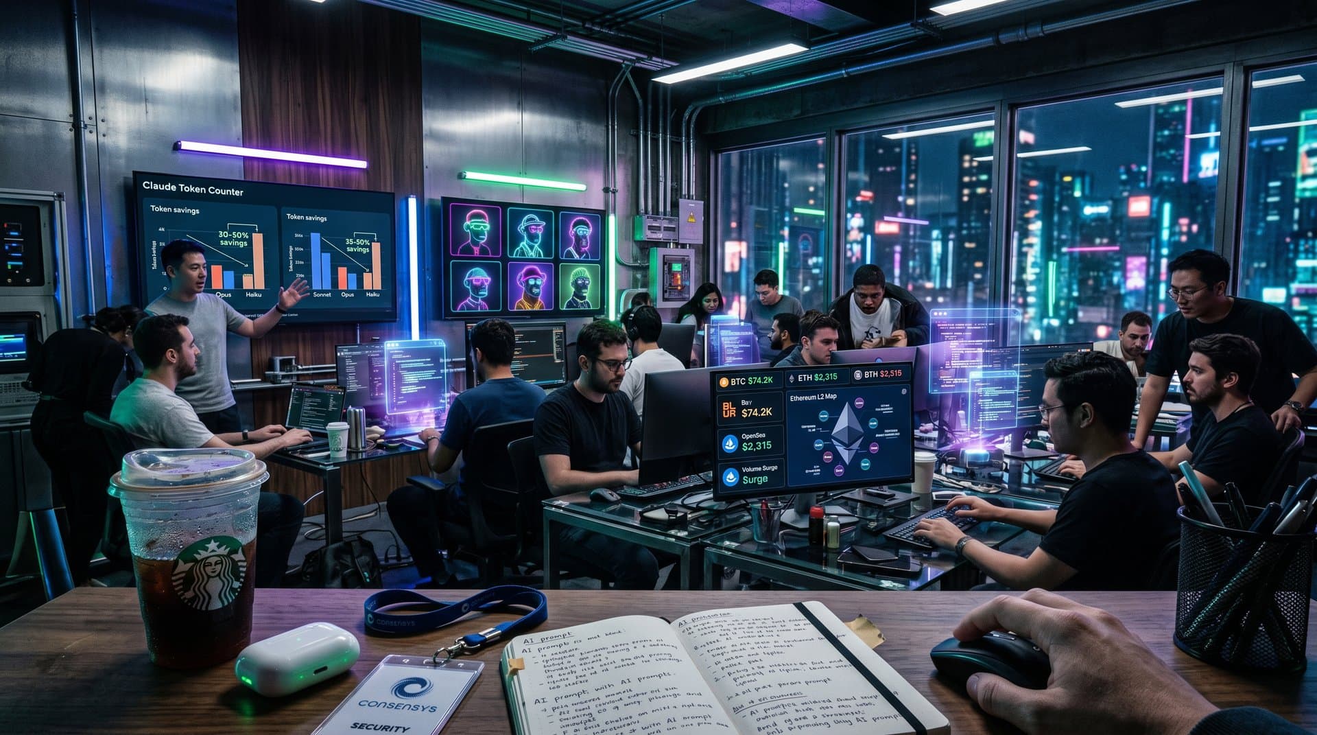 High-tech screens with Claude Token Counter model comparisons, AI-NFT generative art, Blur volume charts, and crypto prices in Web3 workspace