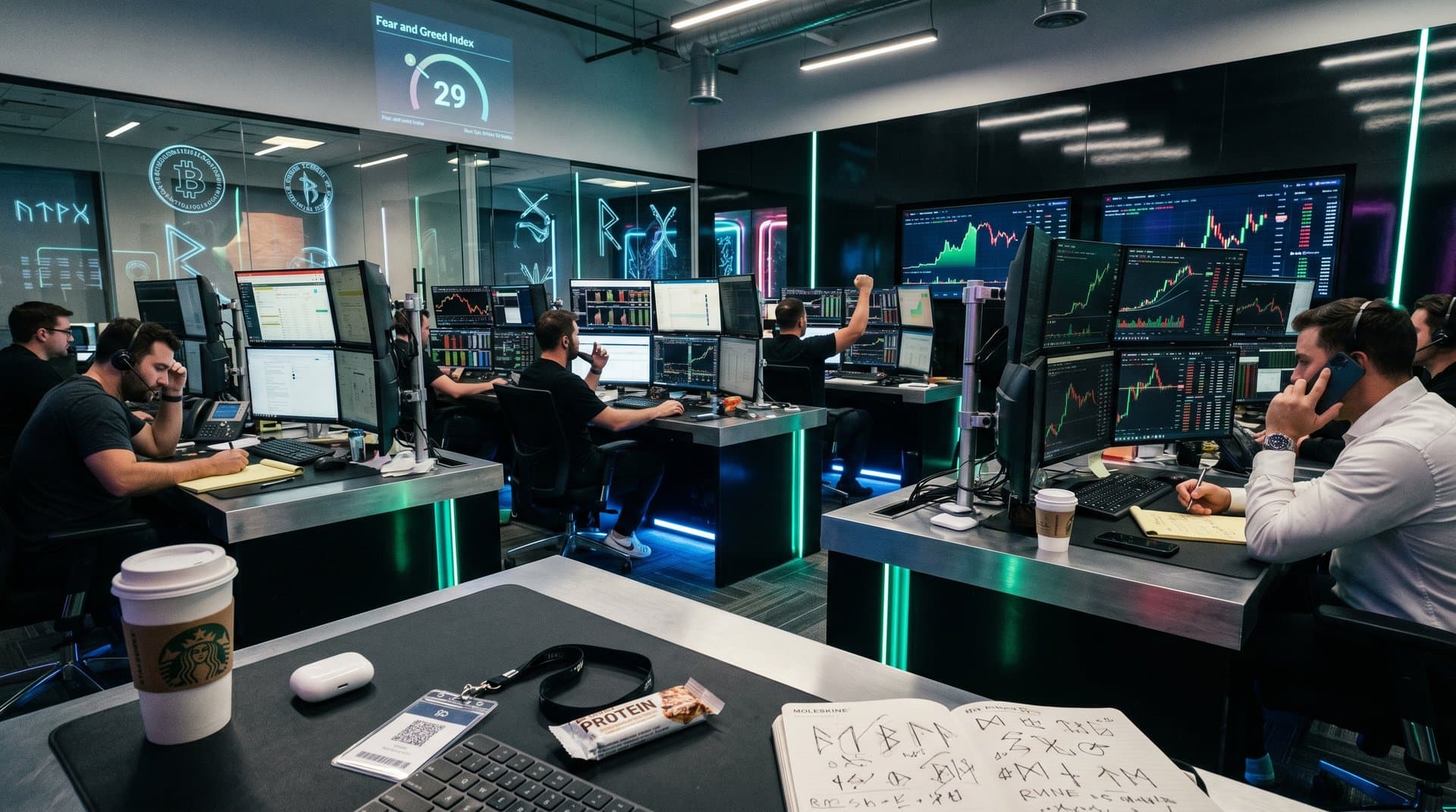 Trading desk screens show TRX outperforming BTC charts and Bitcoin Ordinals NFT floors on Magic Eden amid Fear & Greed data