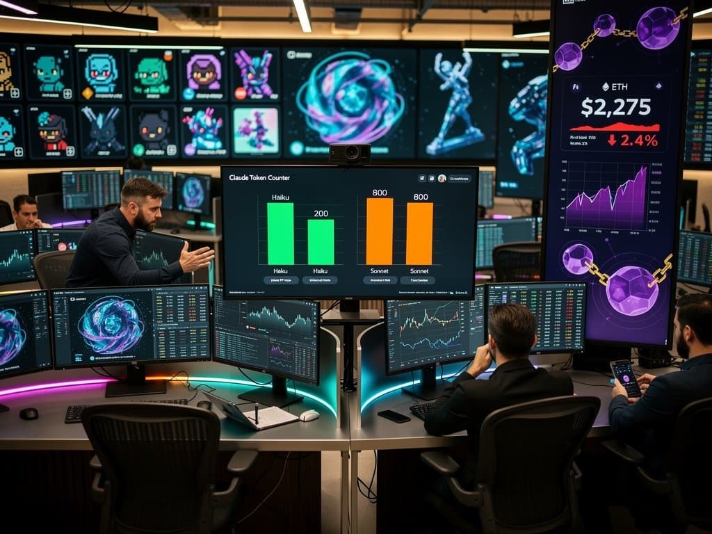 Dark-mode UI of Claude Token Counter showing model comparisons, token graphs, NFT art previews, and ETH price chart
