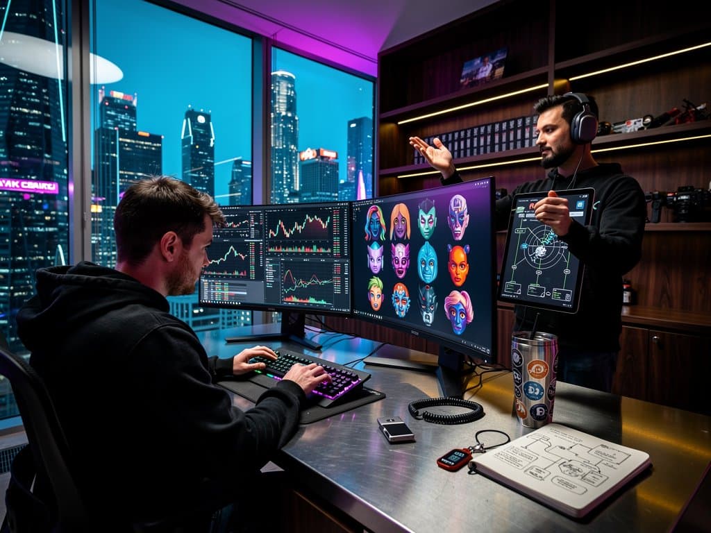 Web3 studio screens show Claude Token Counter model comparisons, generative NFT art, and BTC charts in neon-lit workspace