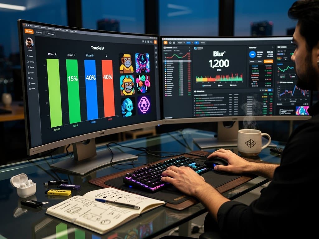 Web3 developer workspace with Claude Token Counter charts and NFT metadata on monitors, Ethereum Solana holograms in background