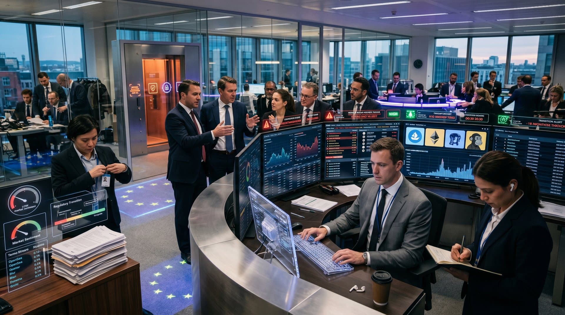 MiCA compliance dashboard with NFT charts, crypto prices, EU regulatory elements, and blockchain security icons in cyberpunk style