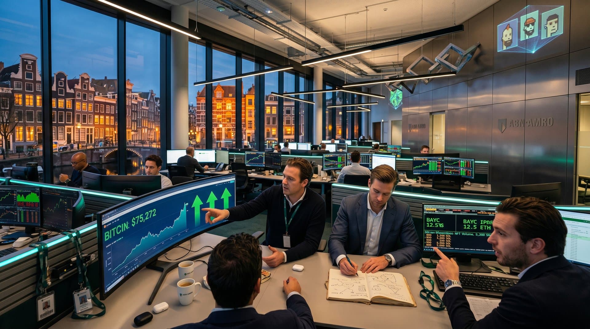 Modern bank trading floor screens displaying BTC $75K, CryptoPunks 45 ETH floor, NFT volumes, Fear & Greed 29, and Web3 charts against Amsterdam skyline
