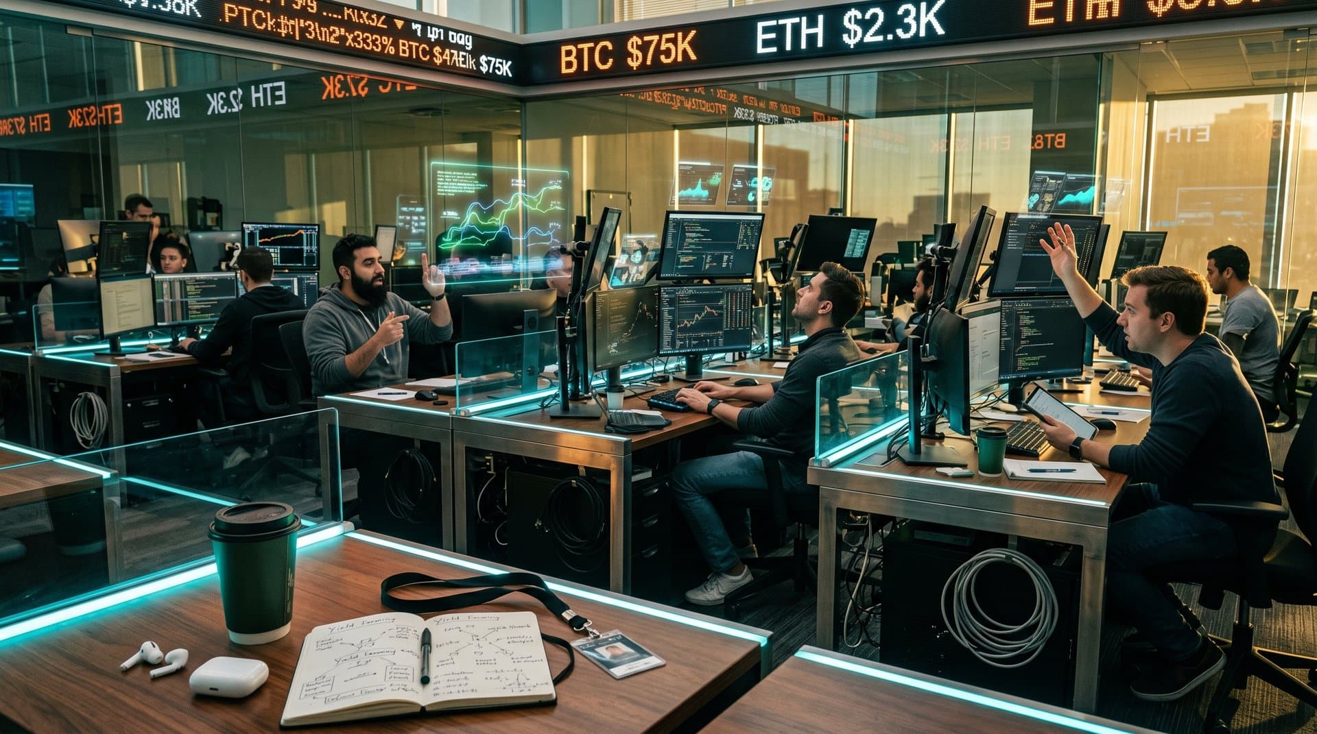 Holographic agentic AI dashboards enforcing NFT royalties on Ethereum and Solana, with CryptoPunks sales and Web3 revenue charts in high-tech environment