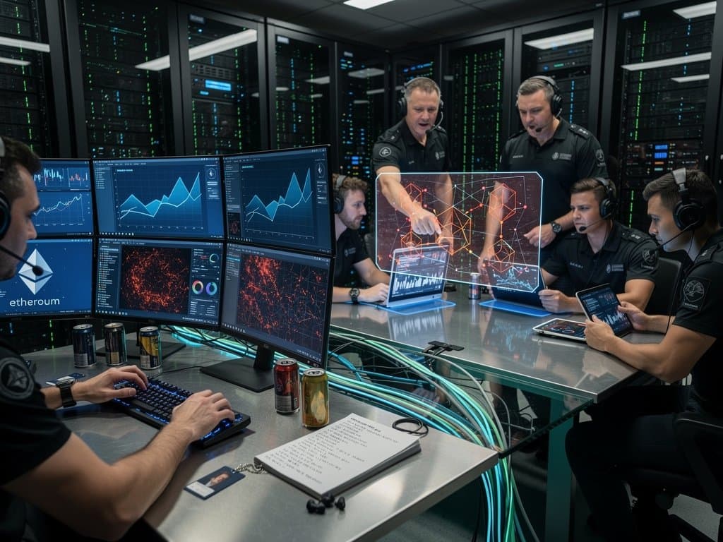 Blockchain security team monitors Kelp DAO DeFi exploit alerts and Ethereum NFT floor price drops on advanced dashboards