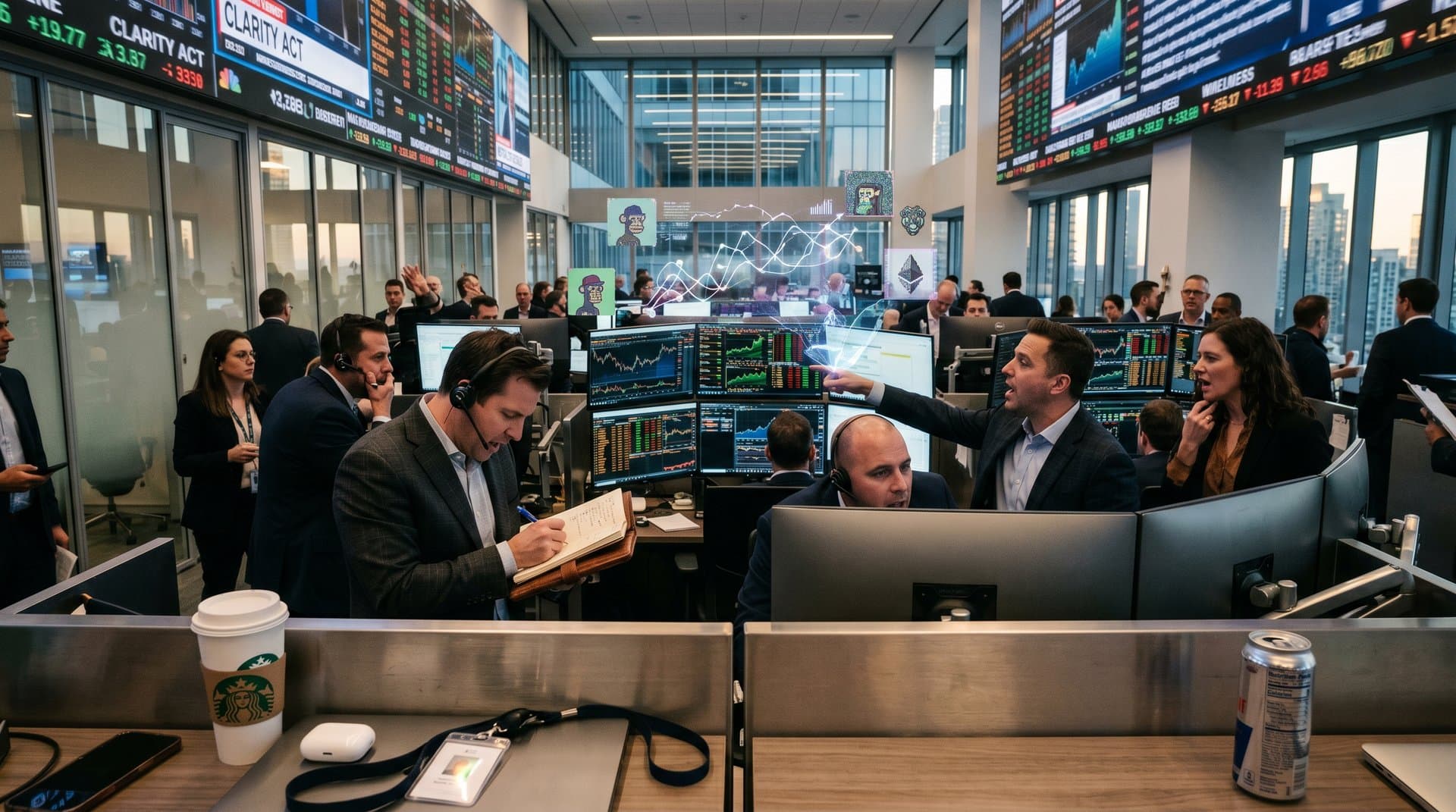 Trading floor analysts track NFT floors and CLARITY Act updates on screens amid crypto charts