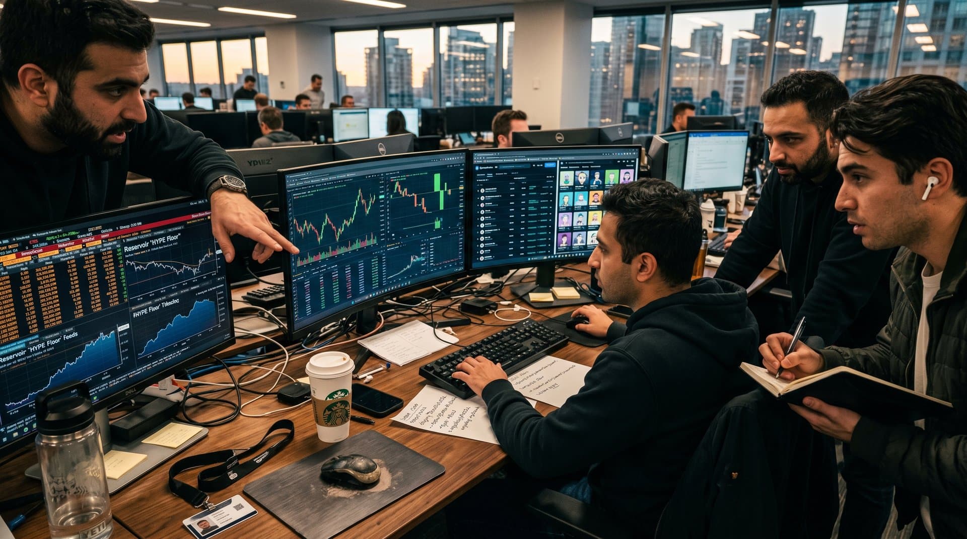 NFT trading desk monitors HYPE charts, OpenSea listings, and Ethereum L2 metrics on multi-screen setup
