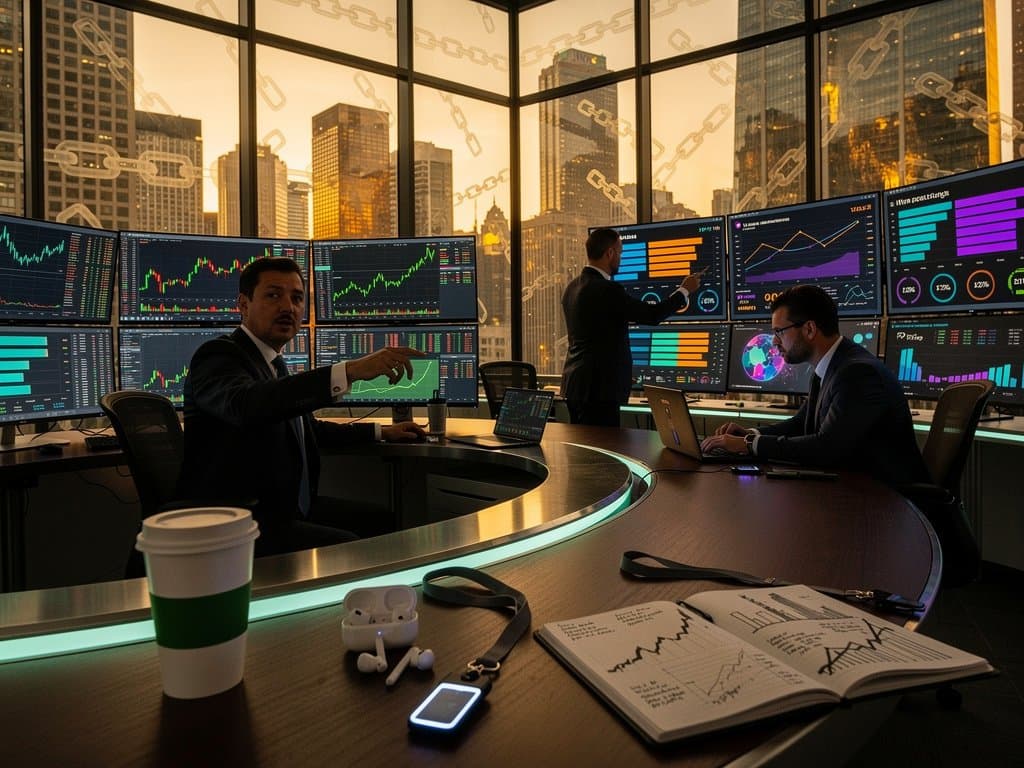 Trading desks with crypto charts, NFT volumes on Blur/OpenSea, Chicago skyline