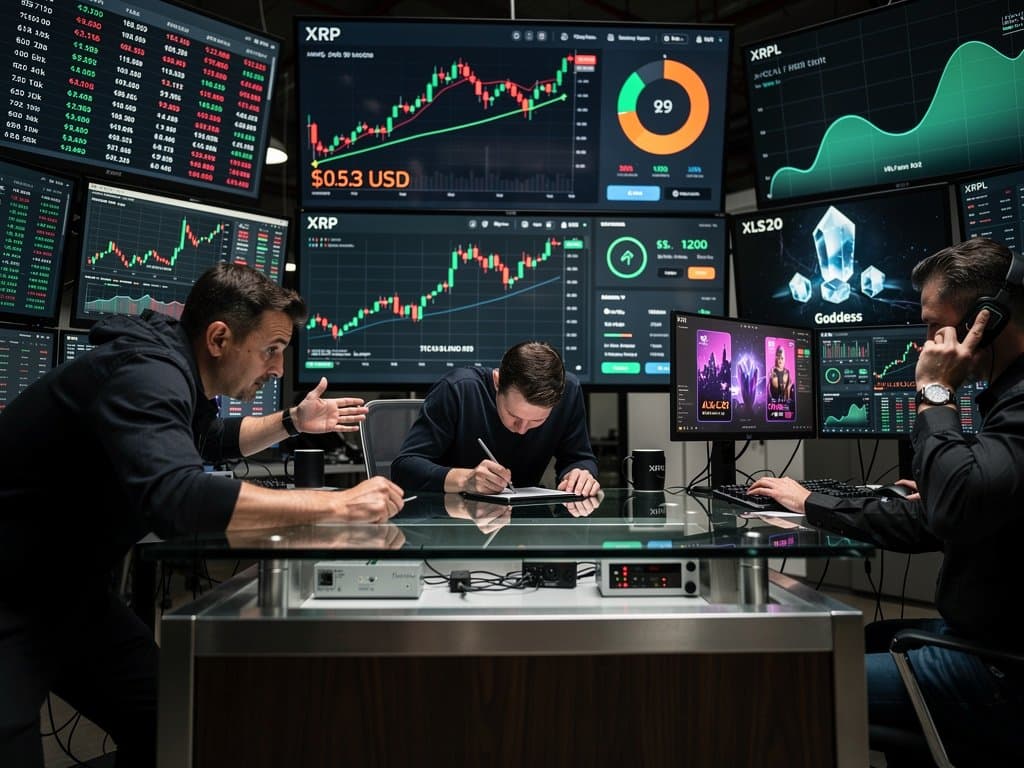 Cyberpunk trading screens with XRP $0.53 charts, XRPL NFT data, Fear & Greed 29 (72 characters)