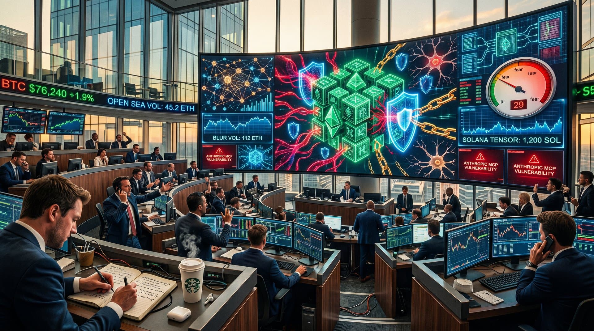 Cyber vault with NFT blocks under AI RCE attack, blockchain and price tickers in neon cyberpunk style