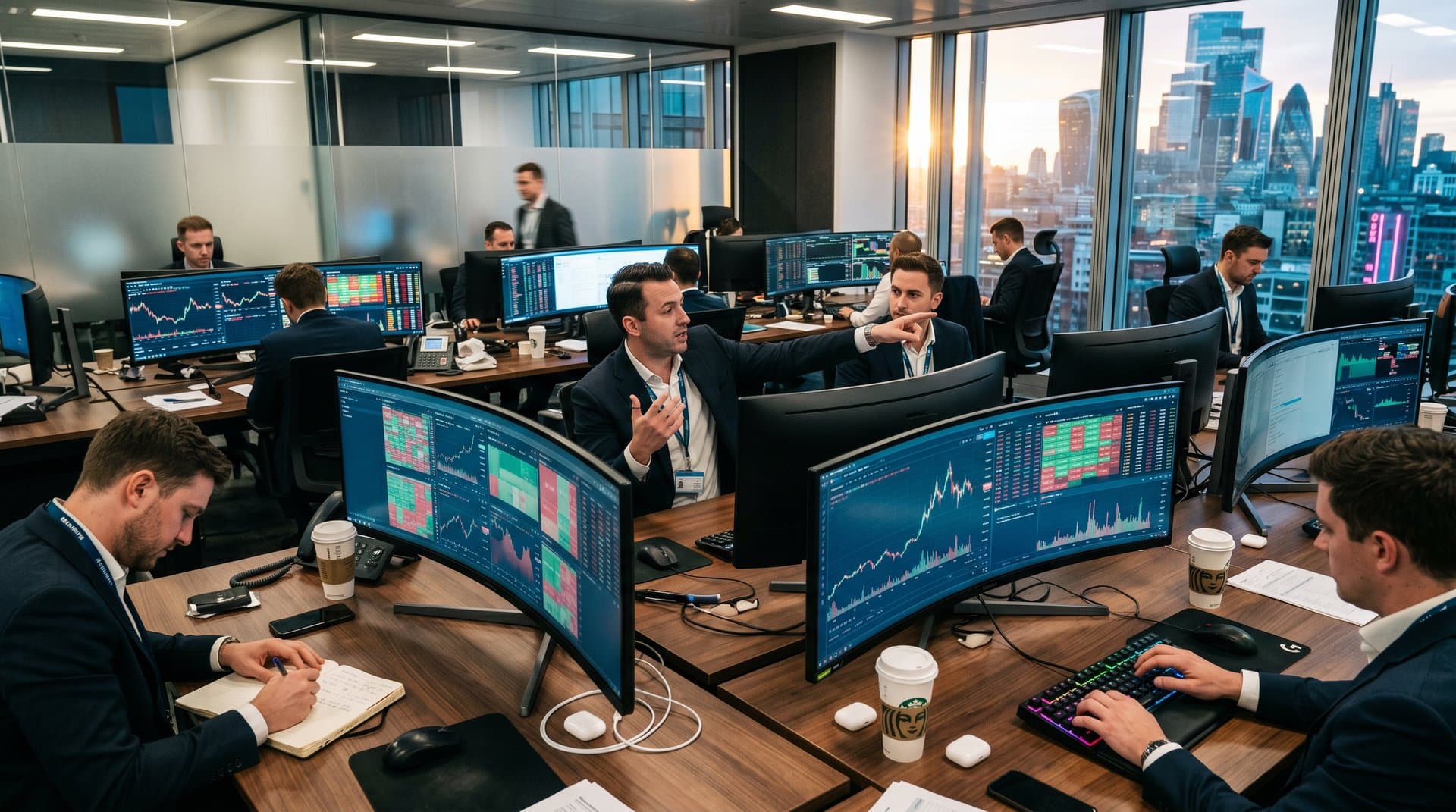 Modern trading desk monitors ADA price at $0.25 with NFT charts from JPG.store and crypto tickers against city skyline