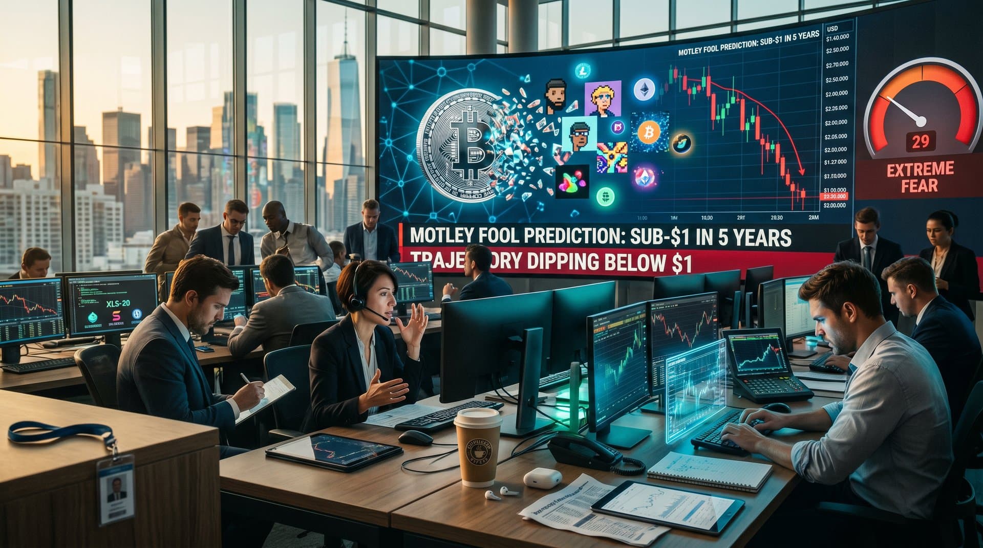 Digital NFT art of falling XRP token and XRPL ledger with price prediction charts and Fear & Greed Index