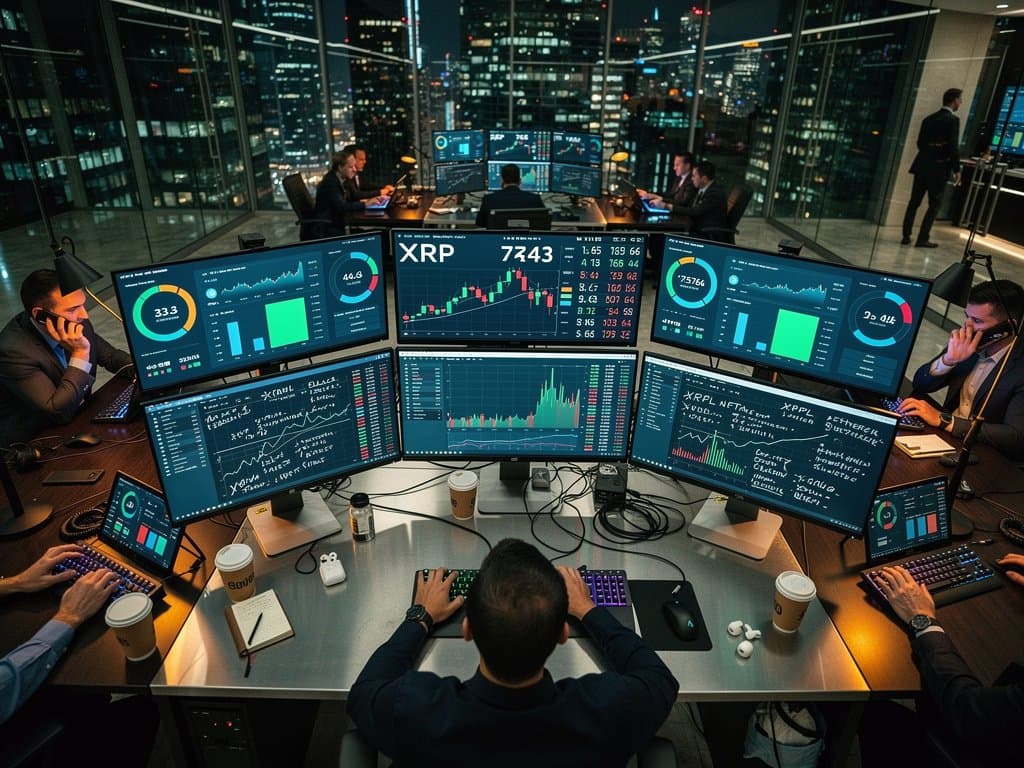 Crypto trading floor monitors XRP $1.43 charts, BTC $75k data, Fear & Greed 33 amid professional discussions