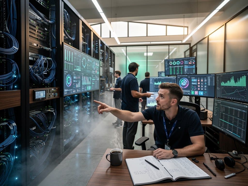 Glowing server racks and AI training dashboards in a high-tech AWS data center with fiber cables and cooling aisles