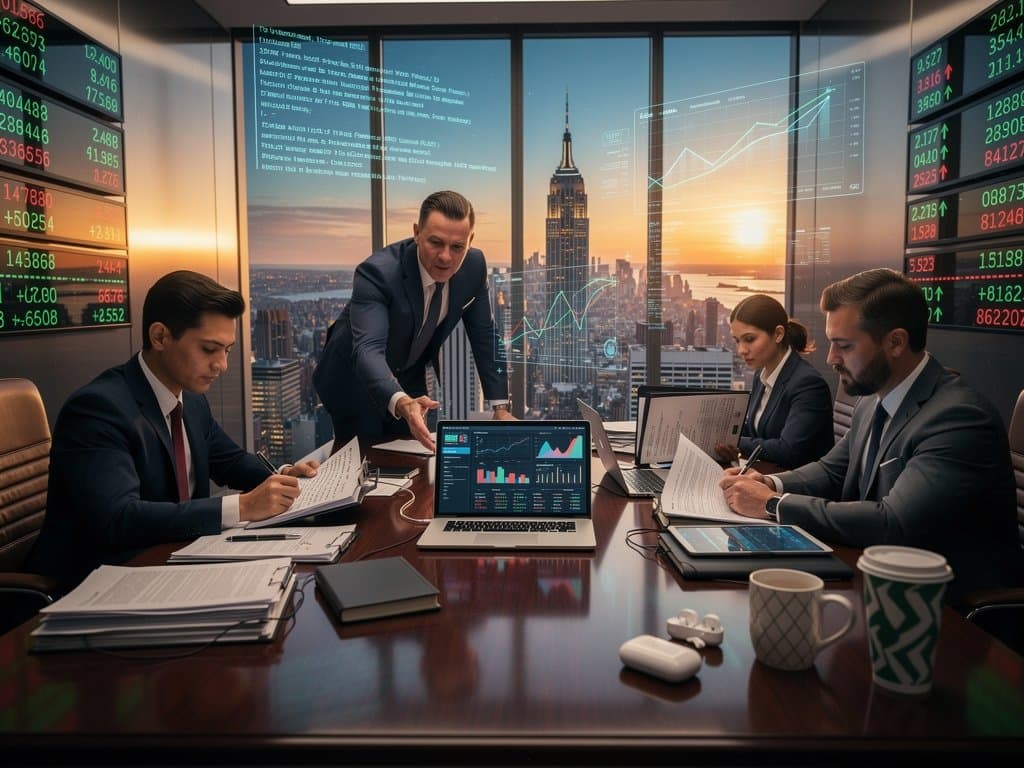 Cyberpunk law office with Flow NFT dashboards, SEC docs, crypto tickers, and Manhattan skyline