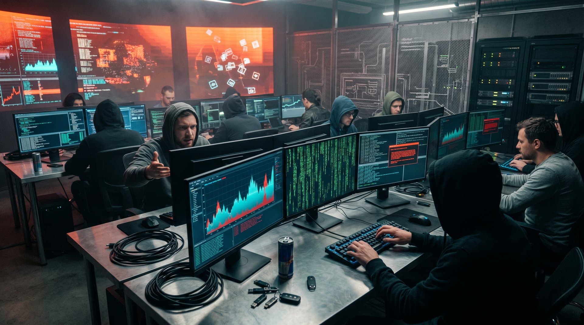 Cyberpunk scene of blockchain hack on NFT platforms with exploding Ethereum nodes and glitchy marketplace alerts