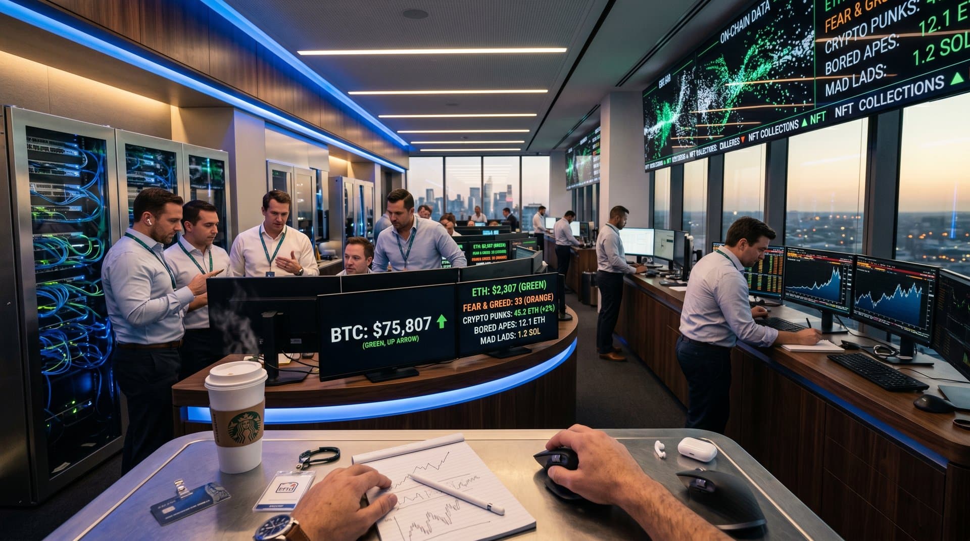 Trading desks with Bloomberg terminals showing Bitcoin at $75,807, NFT floors, and Fear & Greed Index at 33