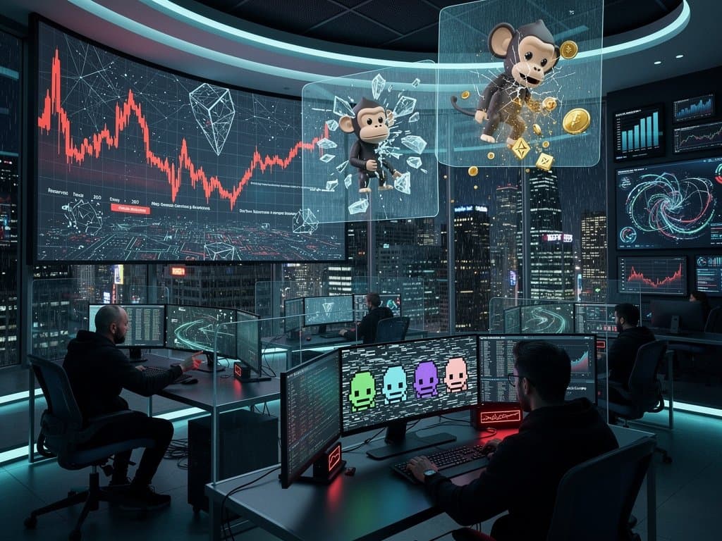 Cyber operations center with holographic blockchain alerts and fracturing NFT icons under hacker attack