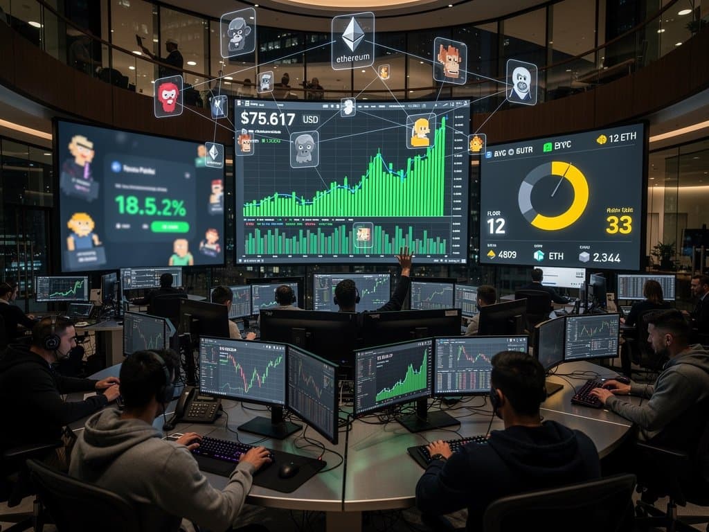 Trading screens show NFT floors, BTC $75K, and Web3 charts in high-tech finance room