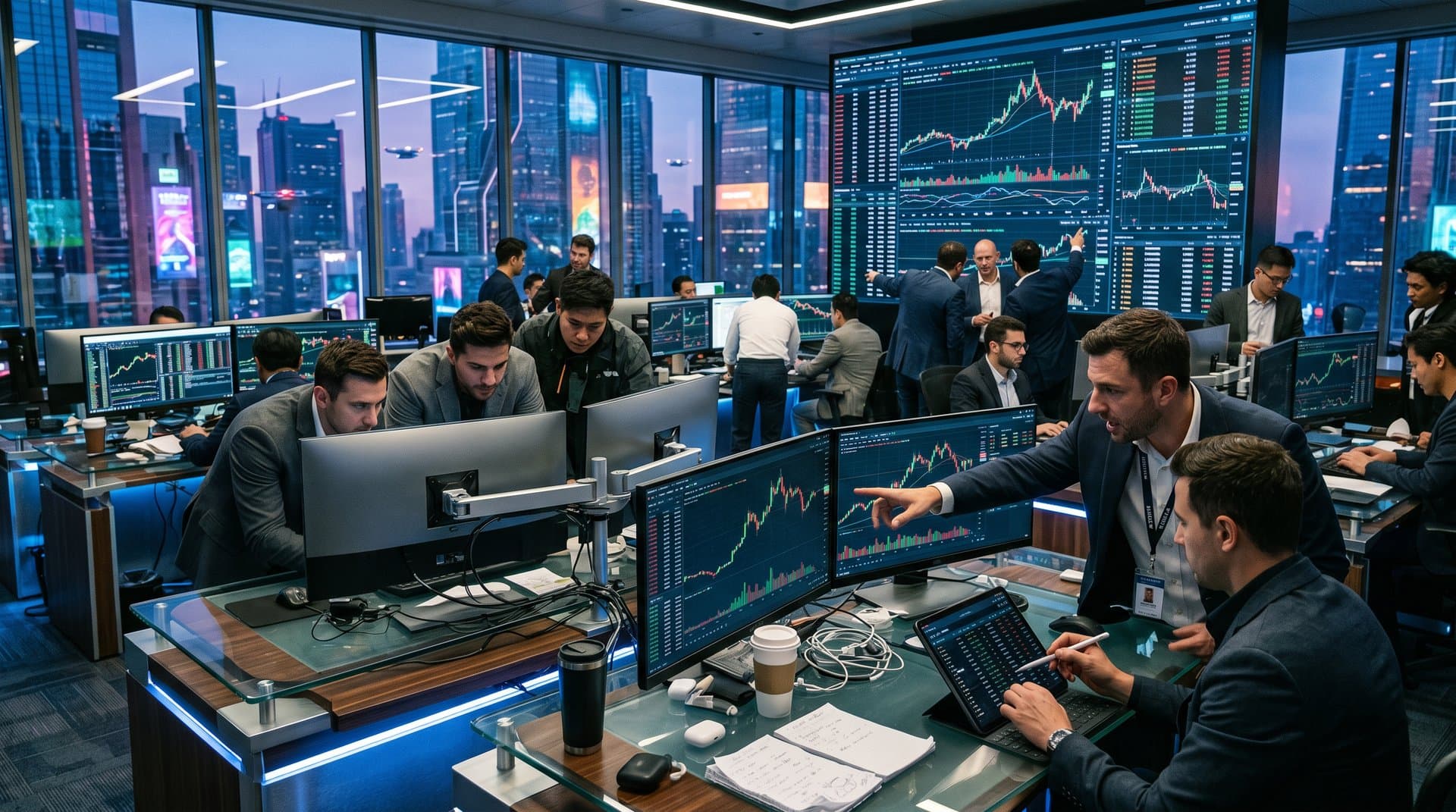 High-tech trading floor with screens displaying XRP $1.43 charts, Bitcoin $75K data, XRPL NFT liquidity metrics; analysts strategize in cyberpunk atmosphere