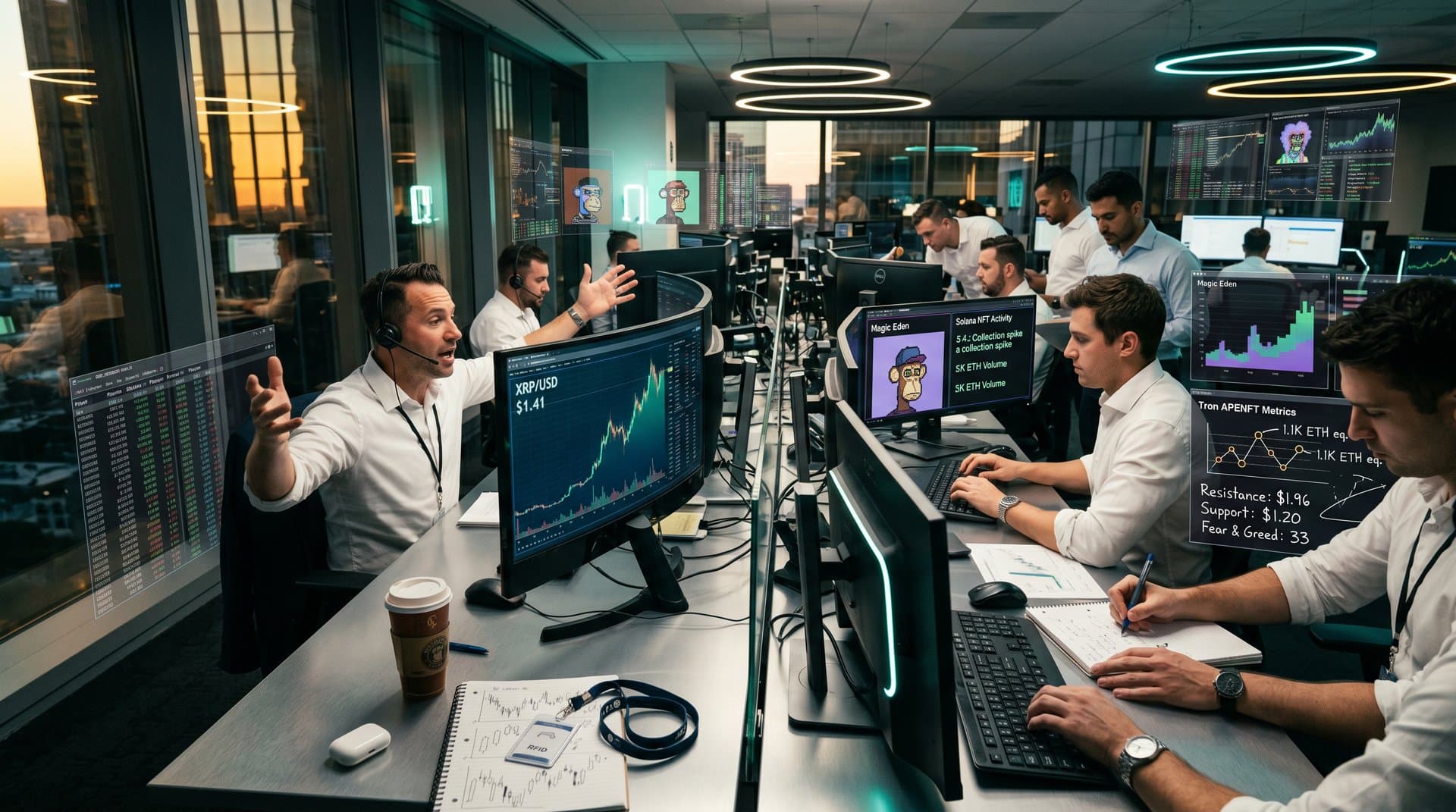 Crypto analysts study XRP and Solana NFT charts on trading desk screens amid market data