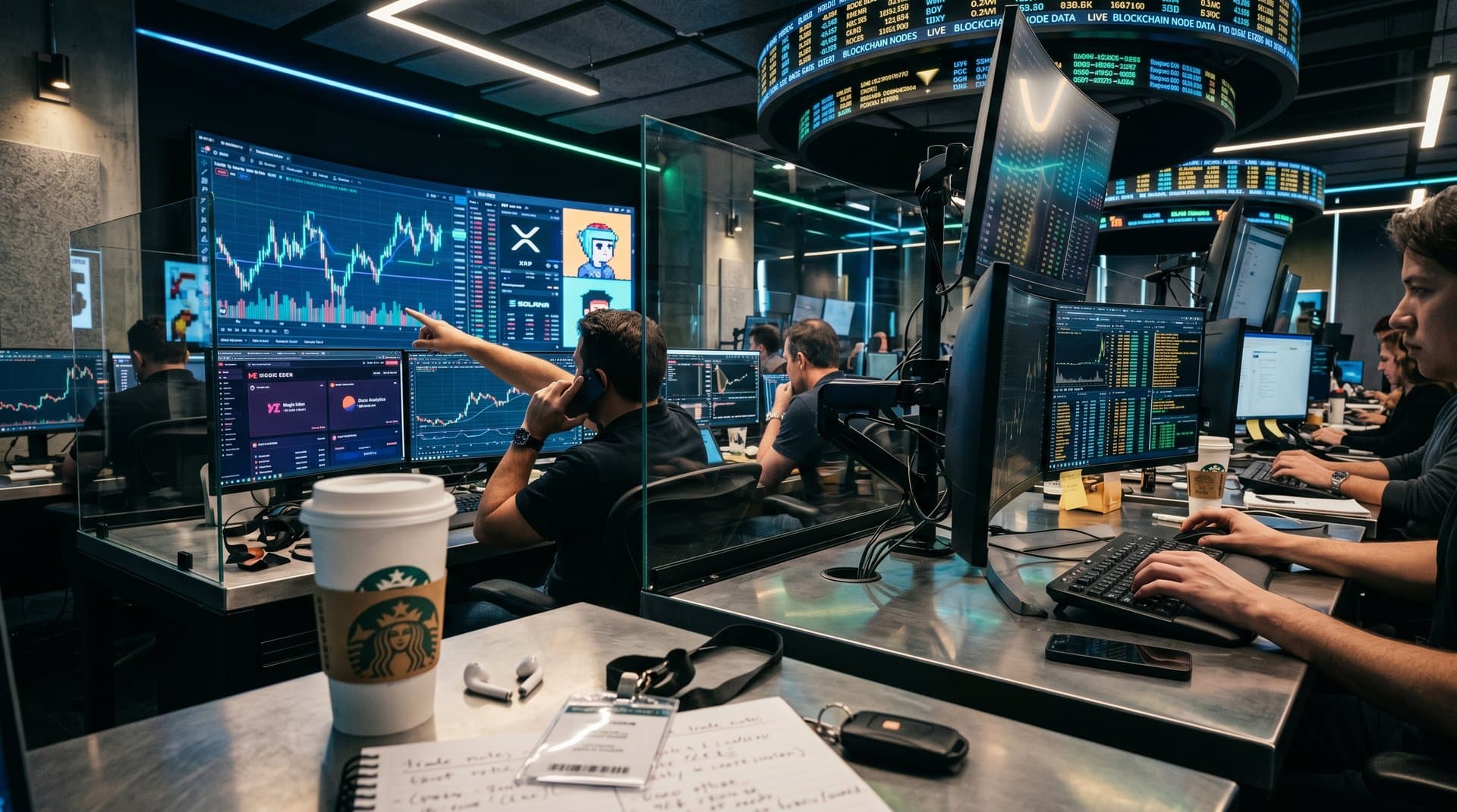 Holographic screens show XRP and Solana NFT charts on a digital trading desk with blockchain visuals